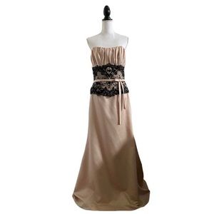 Alexia Designs Strapless Formal Gown Black Lace & Tan Bow Detail Women’s Size 14